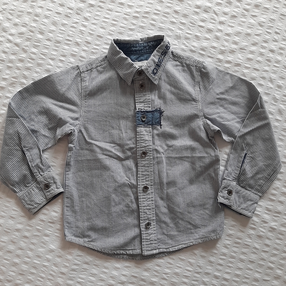 DIESEL Boys' Button Down, Size 4, Navy & White Stripe